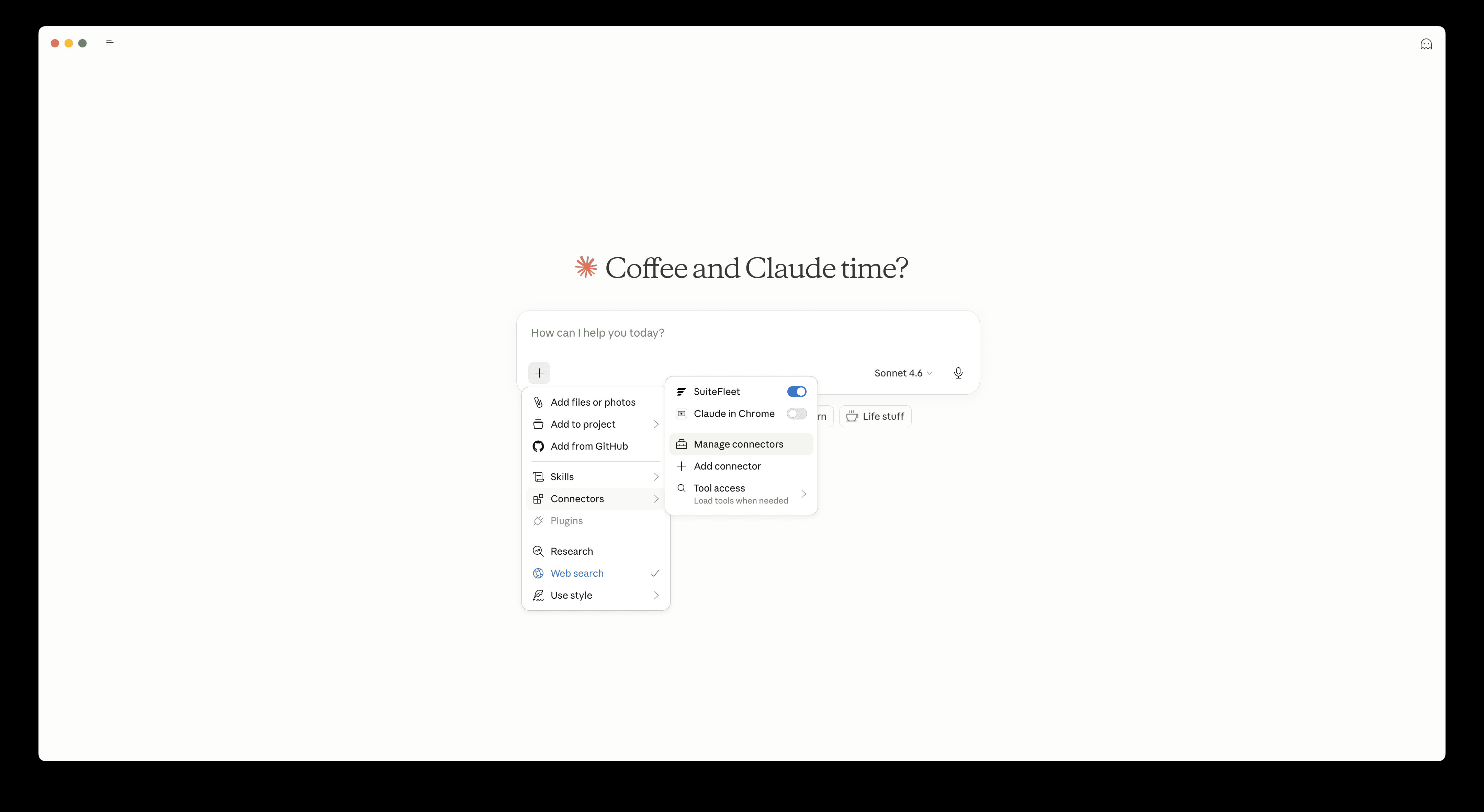Claude home screen — click + then Connectors then Manage connectors