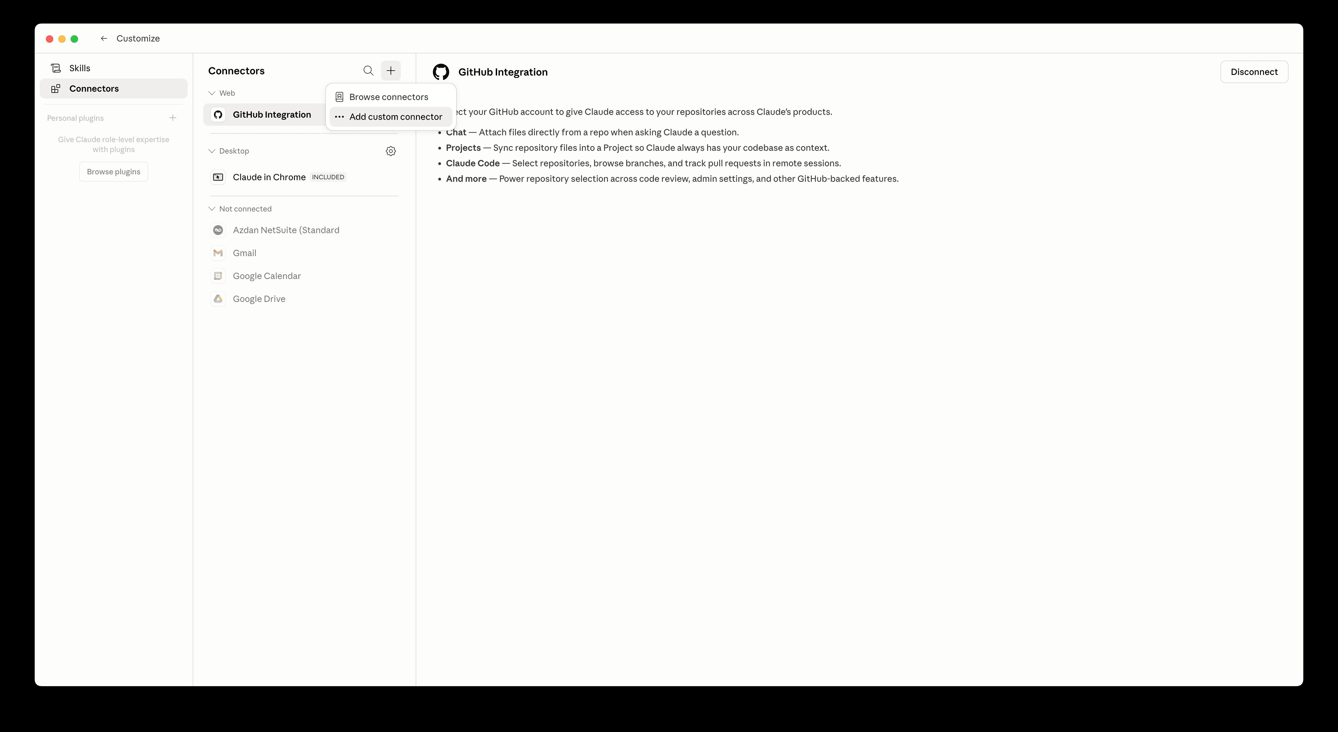Connectors panel — click the + button
