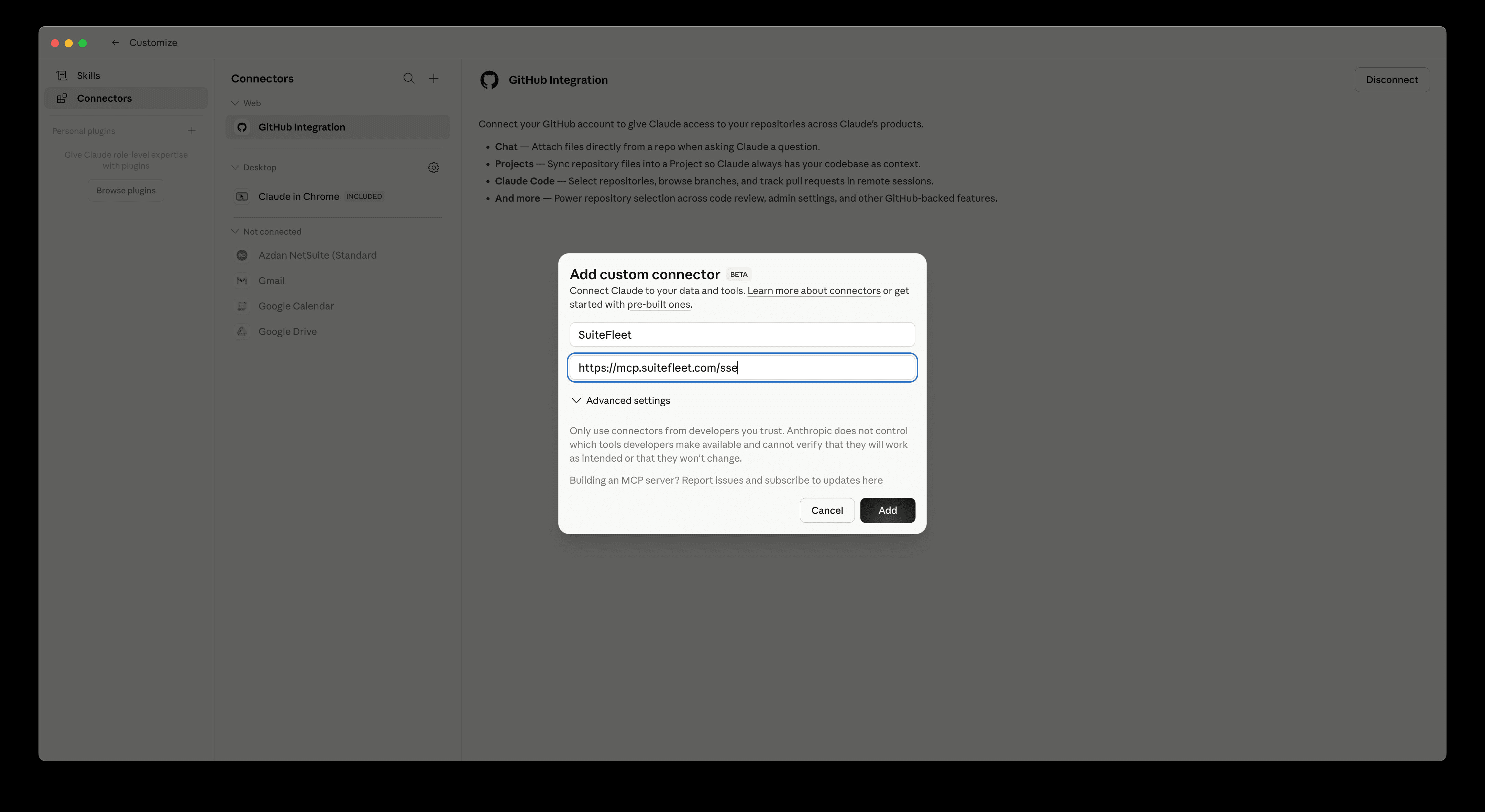 Dropdown showing Add custom connector option