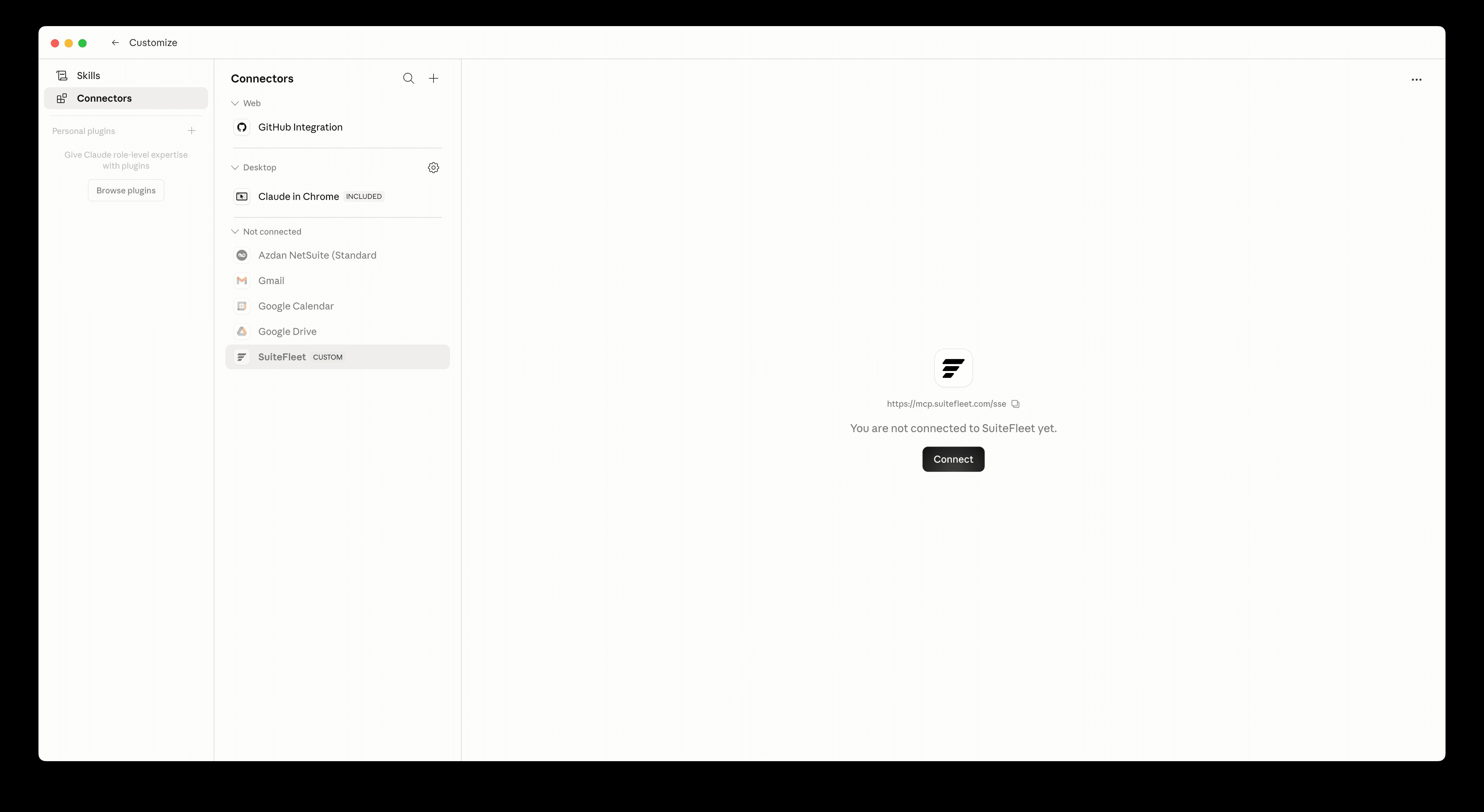 Add custom connector dialog with SuiteFleet name and MCP URL