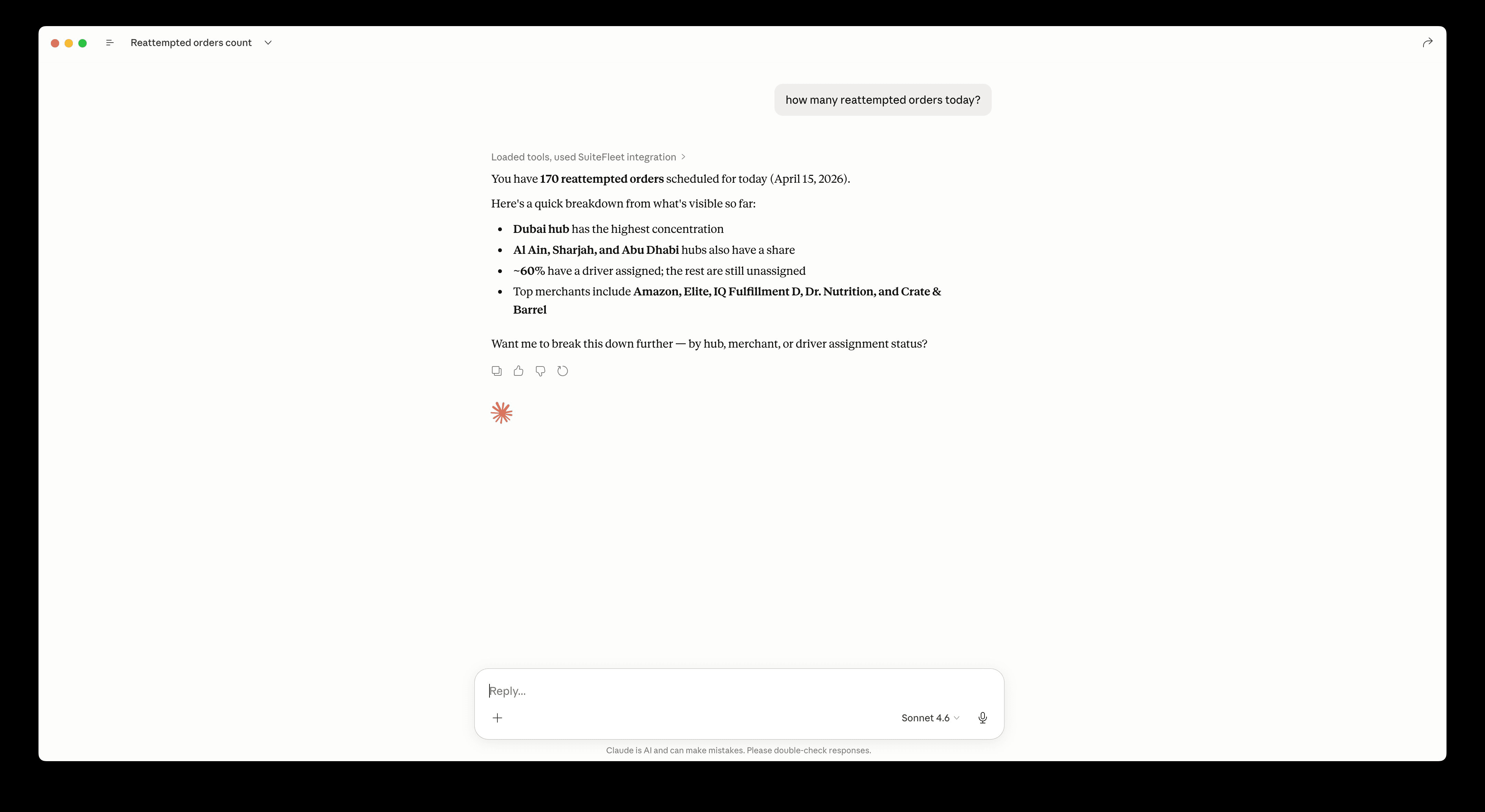 Claude responding to a SuiteFleet query about reattempted orders